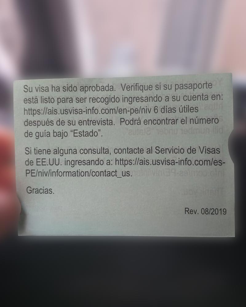 Comprobante real de aprobación de visa de Estados Unidos
